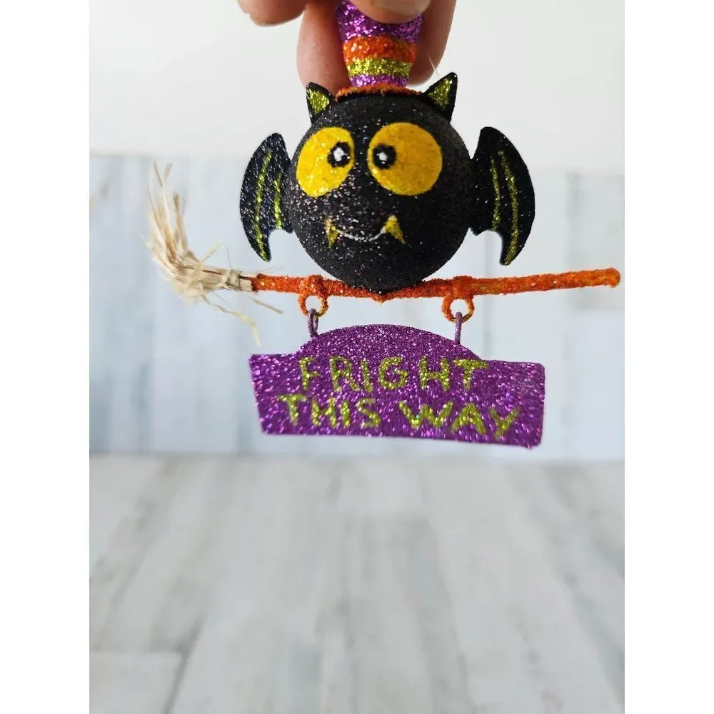 Pier 1‎ glitter owl ornament Halloween fright broom rare vintage décor